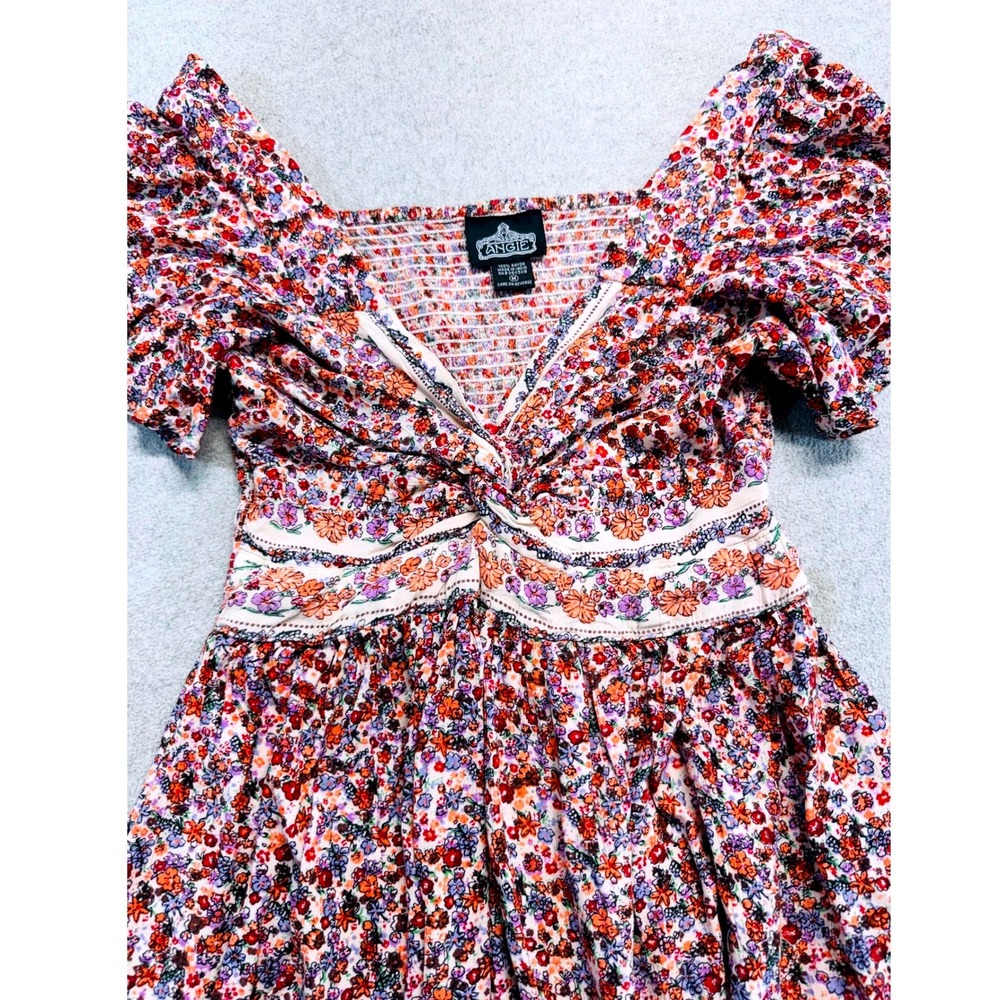 Angie Floral Mini Dress Womens M Multicolor Boho Flutter Sleeve V-Neck Smocked - Picture 4 of 9